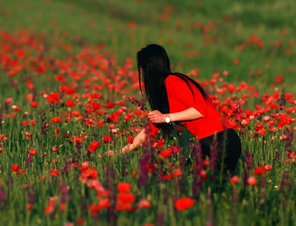 Young brunette beautiful girl enjoying the spring flowers — Stock Photo, Image