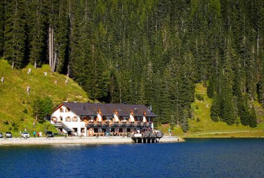 Misurina Gölü 'nün yaz manzarası, Cadini di Misurina, Dolomitler, İtalya, Avrupa