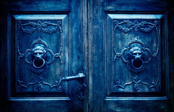 Θραύσμα Παλαιάς Ξύλινης Πόρτας Μπρούτζινη Λαβή Πόρτας Σχήμα Κεφαλής Λιονταριού — Φωτογραφία Αρχείου