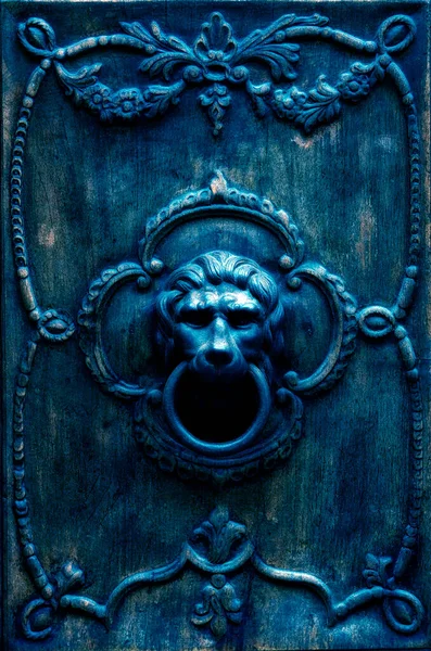 Fragment Old Wooden Door Bronze Door Handle Shape Lion Head — Stock Photo, Image