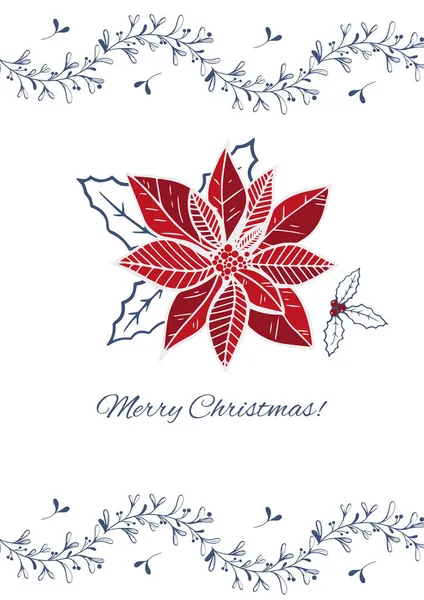 Felices Fiestas o Feliz Navidad con elementos decorativos dibujados a mano, ramitas y flores de Poinsettia. — Archivo Imágenes Vectoriales