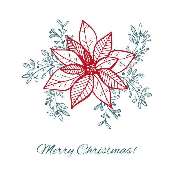 Buone Feste o Buon Natale Template con elementi decorativi disegnati a mano, ramoscelli e fiori di Poinsettia. — Vettoriale Stock