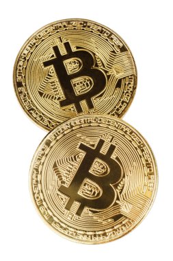 Beyaz bir arka plan üzerinde fiziksel altın Bitcoin para. Yeni Dünya çapında cryptocurrency.