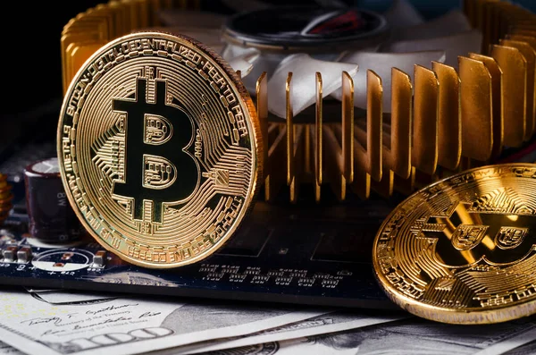 Fysiska Bitcoin guldmynt på en datorns grafikkort. Ny oberoende världsomspännande kryptovaluta. — Stockfoto