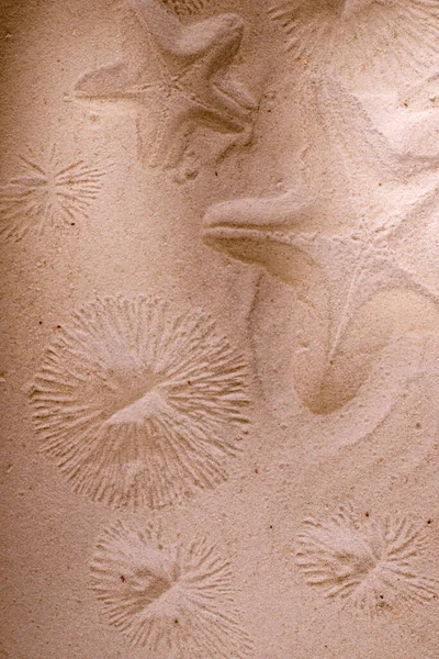 Traço de estrela-do-mar em uma superfície de areia. Summerbackground bom para venda sazonal ou viagem de turismo anunciar. — Fotografia de Stock