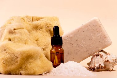 Spa ve Güzellik Bakımı Kozmetik Yağ Şişe Sünger Sabunu ve Çeşitli Deniz Kabukları.