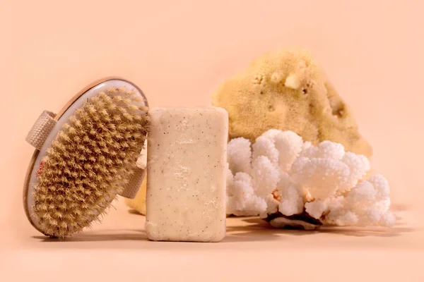 Spa y cuidado de belleza conjunto de jabón de esponja de mar y varias conchas. — Foto de Stock