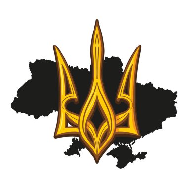 Ukraine National Emblem, Hand Drawn Trident Against Silhouette of Ukraine Map.  clipart