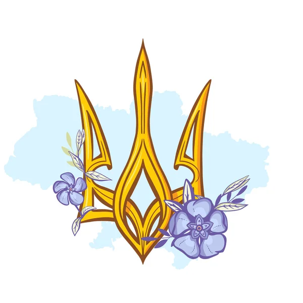 Tridente ucraniano emblema decorado con flores de periwinkle y girasol. — Vector de stock