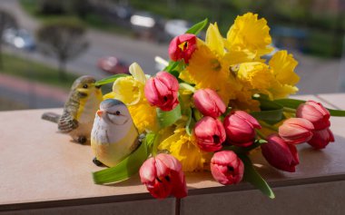 Kırmızı laleler ve Sarı Narcissus güzel bir bahar buketinde. Şehir Manzarasına Karşı Pencere Üzerine Bahar Çiçeği