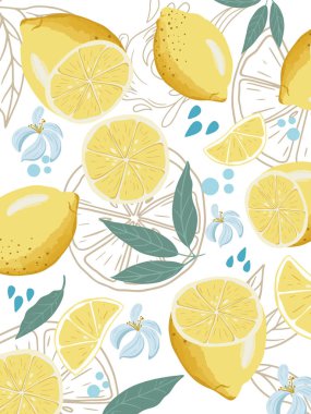 Taze Limonlar Poster Arkaplanı. Yaz mevsiminde taze narenciye ve su sıçraması.