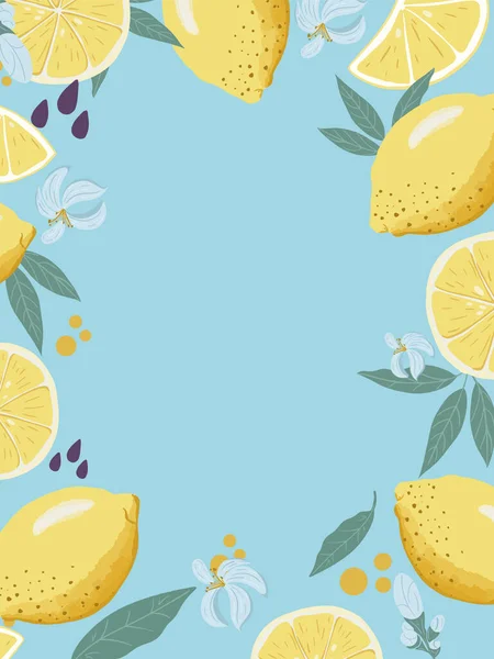 Summer Seasonal Frame of Fresh Juice Lemons and Lemon Blossom — Image vectorielle