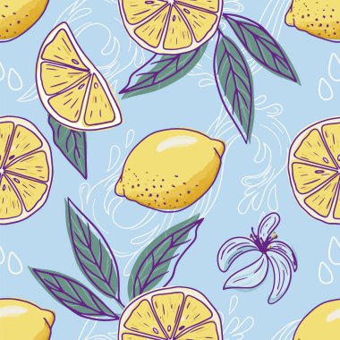 Limonlar ve tatlı su pürüzsüz bir desen üzerine sıçrıyor. Restoran menüsü arkaplanı ya da kumaş tasarımı için iyi.