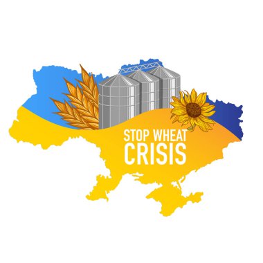 Ukrayna krizi. Buğday Kulağı ve Ayçiçeği 'nin arkasındaki Buğday Depolama Asansörleri Ukrayna Bayrağı ile süslenmiş. Dünya Açlığı Tehdidi