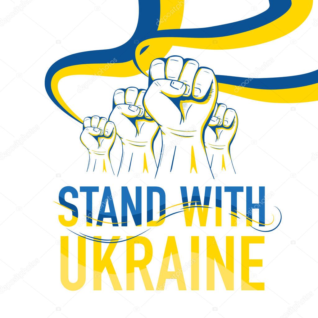 Ukraine Patriotic Banner with Ukrainian Flag in Raised Hands, good to Independence, Freedom Day Background.