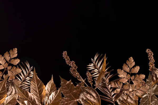 Folhas Douradas Quadro Composição Outonal Folhas Ouro Fundo Preto Bom — Fotografia de Stock