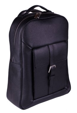 Beyaz arka planda siyah deri sırt çantası var. Moda Stili Aksesuarlar.