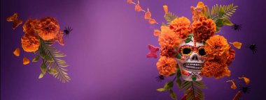 Dia De Los Muertos or Day of the Dead Celebration Background. Scull Decorated with Marigold flower. Mexican Traditional Festive. clipart