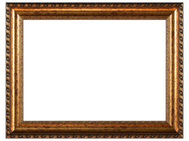 Beyaz arka planda izole edilmiş Golden Brown Klasik Eski Vintage Wooden tuval çerçeve. Boş ve çeşitli deneklerin baget kalıpları. Tasarım elemanı. resim, ayna ya da fotoğraf çerçevelemek için kullanılıyor.