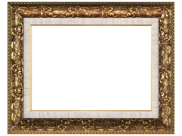 Beyaz arka planda izole edilmiş Golden Brown Klasik Eski Vintage Wooden tuval çerçeve. Boş ve çeşitli deneklerin baget kalıpları. Tasarım elemanı. resim, ayna ya da fotoğraf çerçevelemek için kullanılıyor.