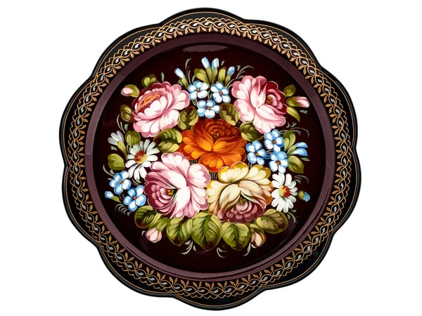 Old Red Dekorative Russische Folk Handbemalte Metalltablett Mit Floralen Farbmuster — Stockfoto