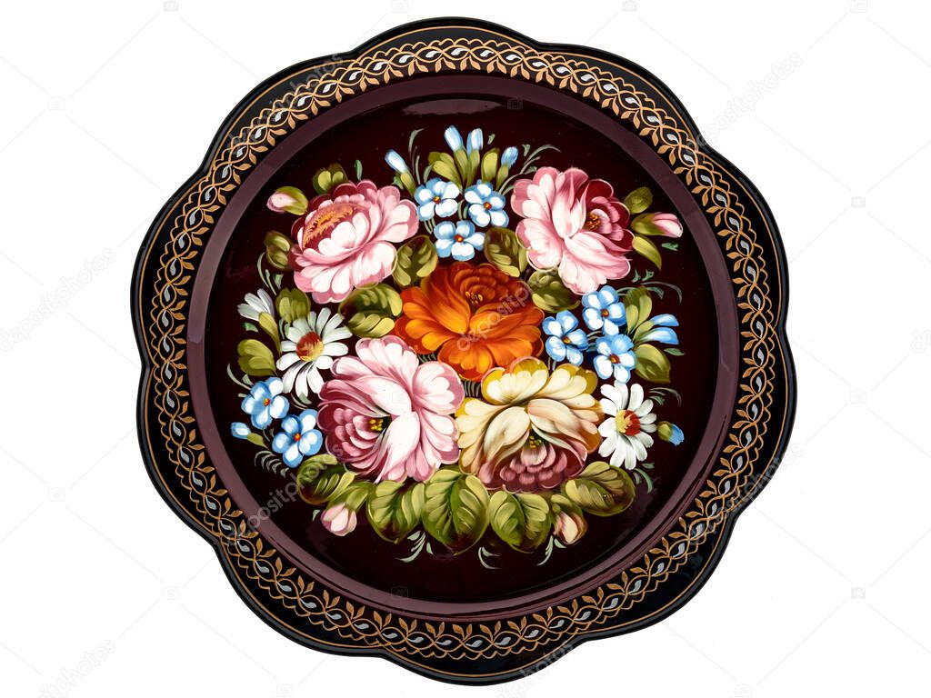 Old Red decorative russian folk handpainted metal tray with floral color pattern on white. Use for interior design.