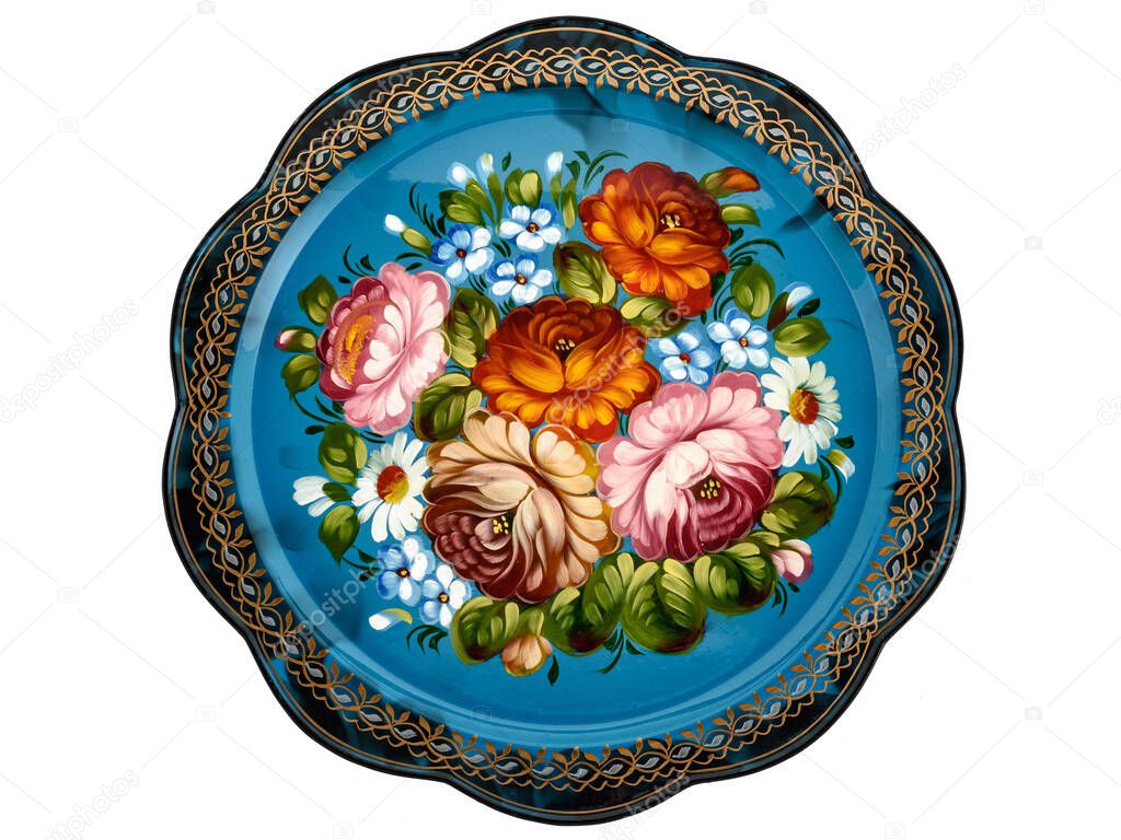 Old Blue decorative russian folk handpainted metal tray with floral color pattern on white. Use for interior design.