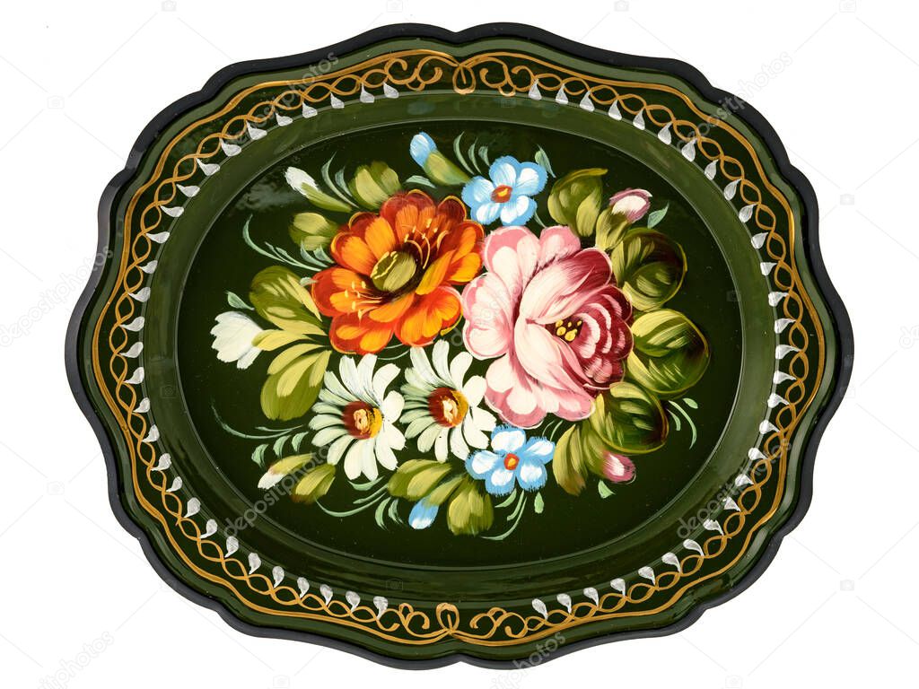 Old Green decorative russian folk handpainted metal tray with floral color pattern on white. Use for interior design.
