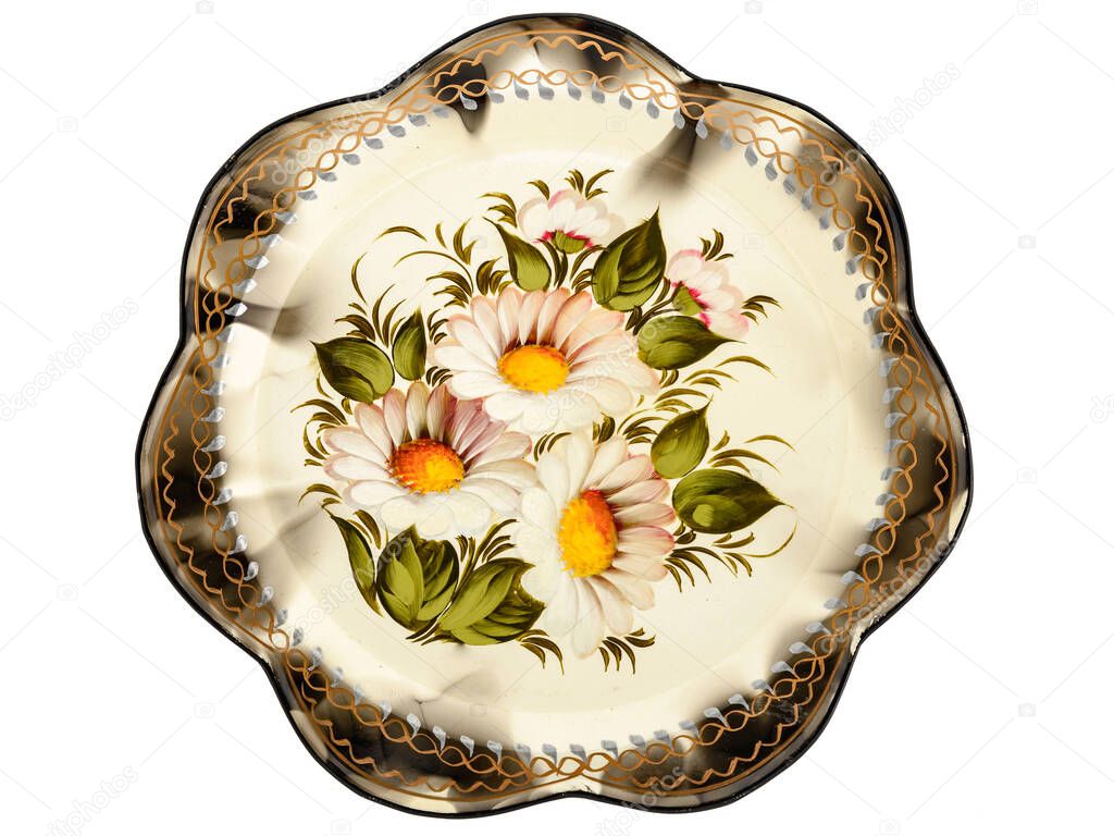 Old decorative russian folk handpainted metal tray with floral color pattern on white. Use for interior design.