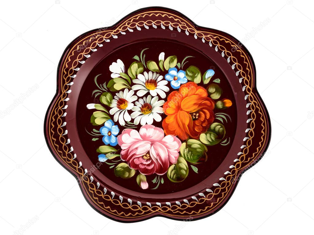 Old Red decorative russian folk handpainted metal tray with floral color pattern on white. Use for interior design.