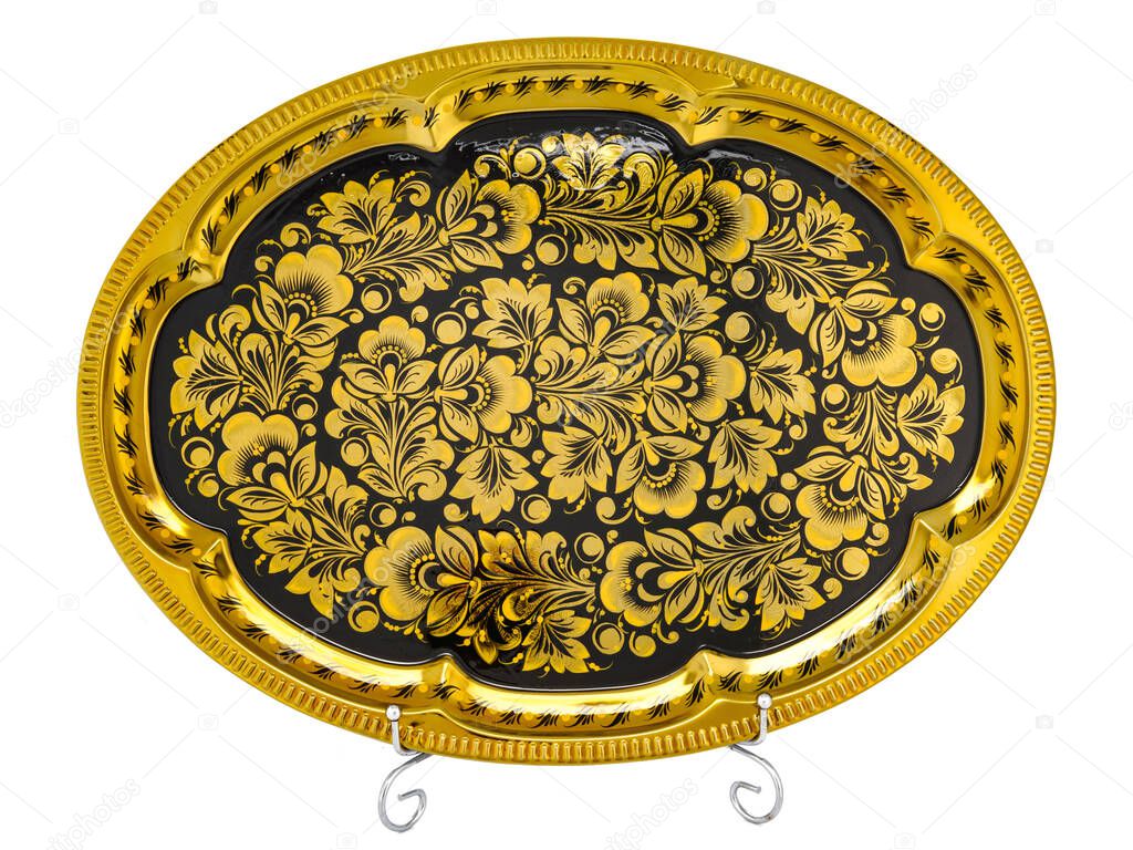 Old Gold Black decorative russian folk handpainted metal tray with floral color pattern on white. Use for interior design.