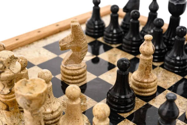 Chess Pieces Rivals Centre Beige Black Coral Marble Chessboard Close — Stock Photo, Image