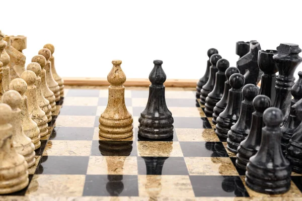 Two Bishop Chess Pieces Rivals Centre Beige Black Coral Marble — Stock Photo, Image