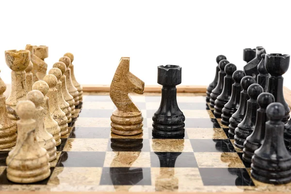 Chess Pieces Rivals Centre Beige Black Coral Marble Chessboard Close — Stock Photo, Image