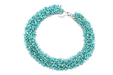 Emerald green Luxurious Handmade necklace of small glass beads with natural stones on white. Fashionable stylish festive and casual Jewelry accessory decoration for women.