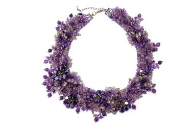Very Peri Purple Lilac Luxurious Handmade necklace of small glass beads with natural stones on white. Fashionable stylish festive and casual Jewelry accessory decoration for women.