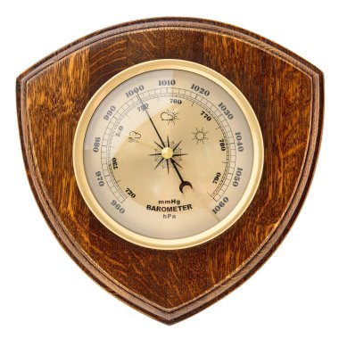 Vintage wooden clock with barometer and Old marine style thermometer on a white background. Wall decor for the interior.
