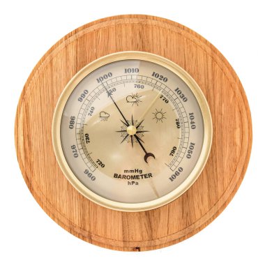 Vintage wooden clock with barometer and Old marine style thermometer on a white background. Wall decor for the interior.