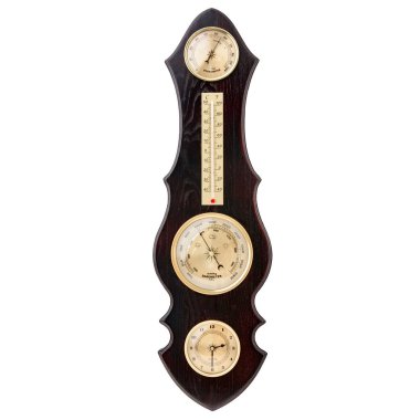 Vintage wooden clock with barometer and Old marine style thermometer on a white background. Wall decor for the interior.