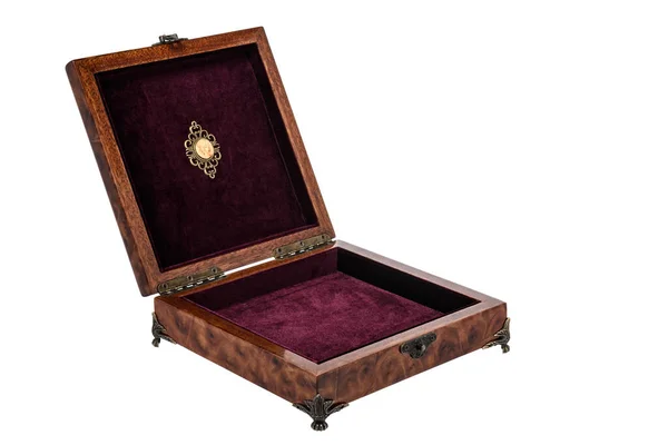 Empty Open Wooden Jewelry Box Red Velvet Lining Vintage Accessories — 스톡 사진