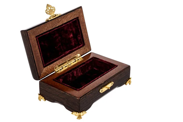 Empty Open Wooden Jewelry Box Red Velvet Lining Vintage Accessories — стоковое фото