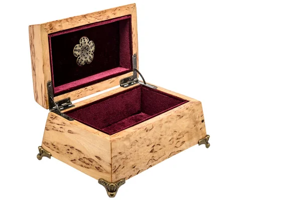 Empty Open Wooden Jewelry Box Red Velvet Lining Vintage Accessories — 스톡 사진