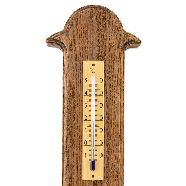 Old Style Thermometer Wood Texture Isolated White Background Room Temperature — Photo