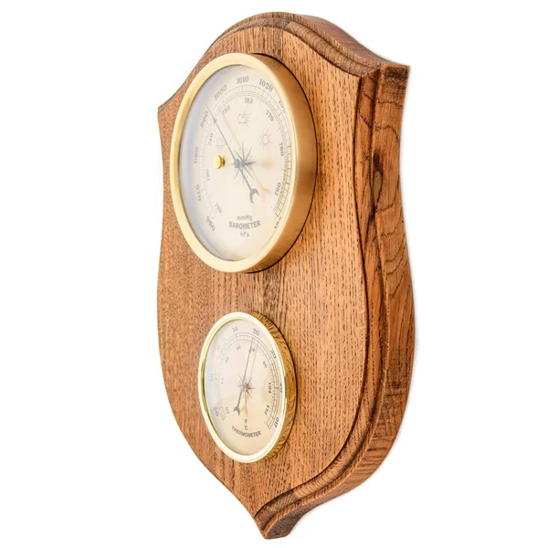Vintage Wooden Clock Barometer Old Marine Style Thermometer White Background — ストック写真