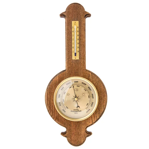 Vintage Wooden Clock Barometer Old Marine Style Thermometer White Background — Foto Stock