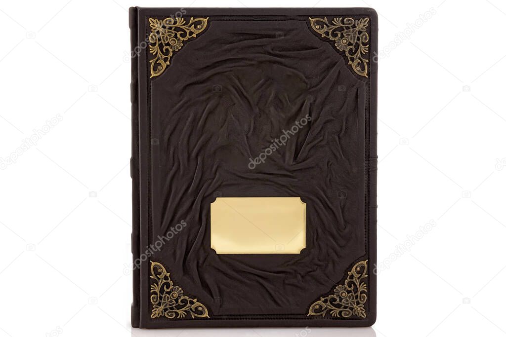 Brown Black Gold Leather mockup book with cover color isolated on white background, front view. With empty lable and metal fittings.