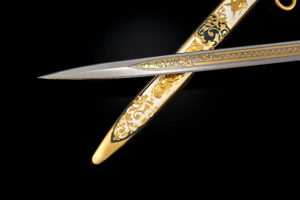 souvenir collectible silver gold dagger cutlass with scabbard, with metal engraving, on black background. Luxury weapons with traditional patterns in medieval vintage style.