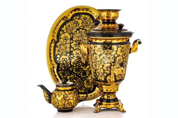 Gold Black Tea Set Mit Traditionellen Russischen Folklore Utensilien Gerichte — Stockfoto