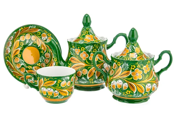 Grüner Gold Tee Set Mit Alten Traditionellen Russischen Folklore Utensilien — Stockfoto