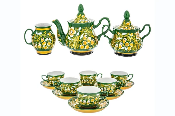 Grüner Gold Tee Set Mit Alten Traditionellen Russischen Folklore Utensilien — Stockfoto